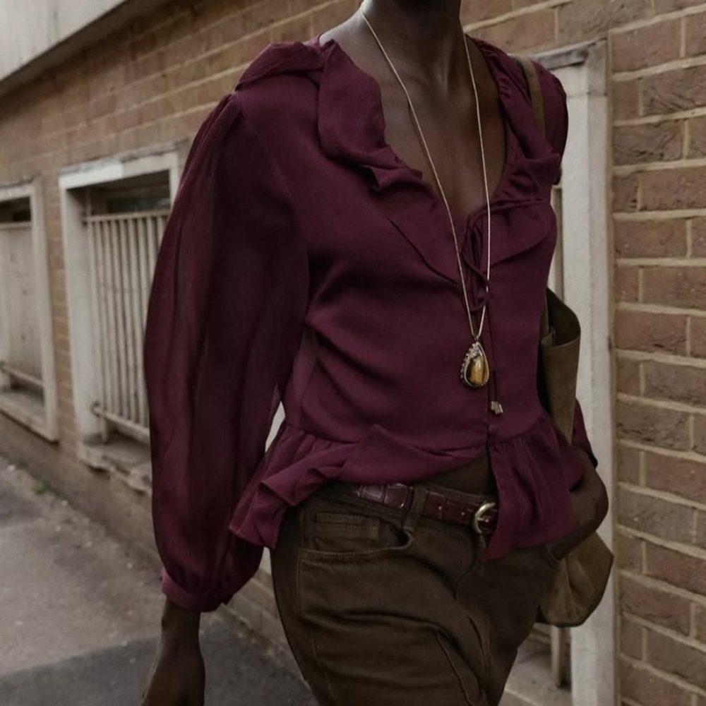 NWT Zara Ruffled Button Front V-Neck Blouse in Deep Wine - S